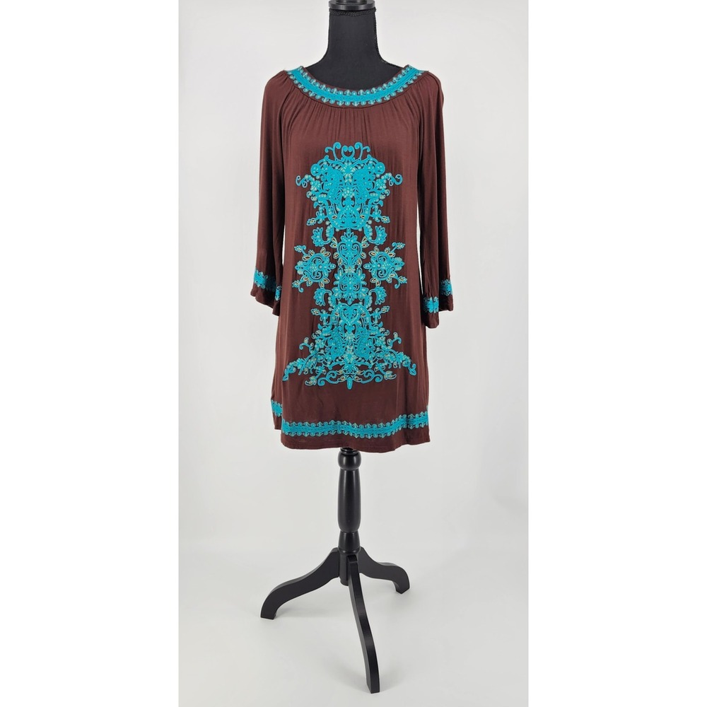 Urban Mango Brown Turquoise Embroidered Boho Tunic Shift Dress Medium